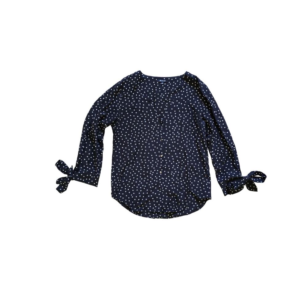 Madewell 100% Silk Black Star Button‎ Front Blouse Tie Sleeves Bow Size Small
